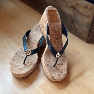 Tory Burch Cork Sandle Wedge, 9.5, Black Leather, Gold Logo